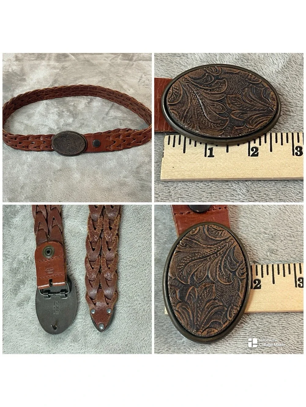 Mens Oden floral Leather Tooled Belt Buckle W/ Brown Leather Braided Belt